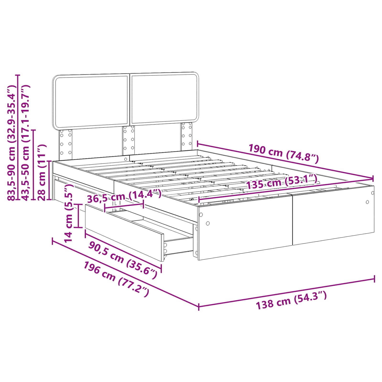 Krevet s od storage s uzglavljem Betonski sivi 135 x 190 cm