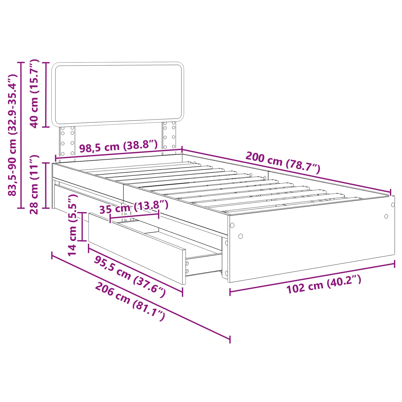 Krevet s od storage Sonoma hrast 100 x 200 cm Konstruirano drvo