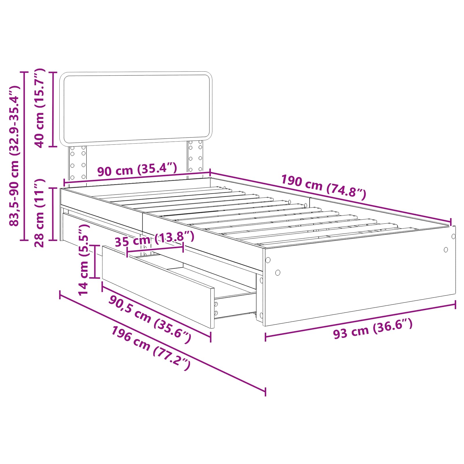 Krevet s od storage Betonski sivi 90 x 190 cm Konstruirano drvo