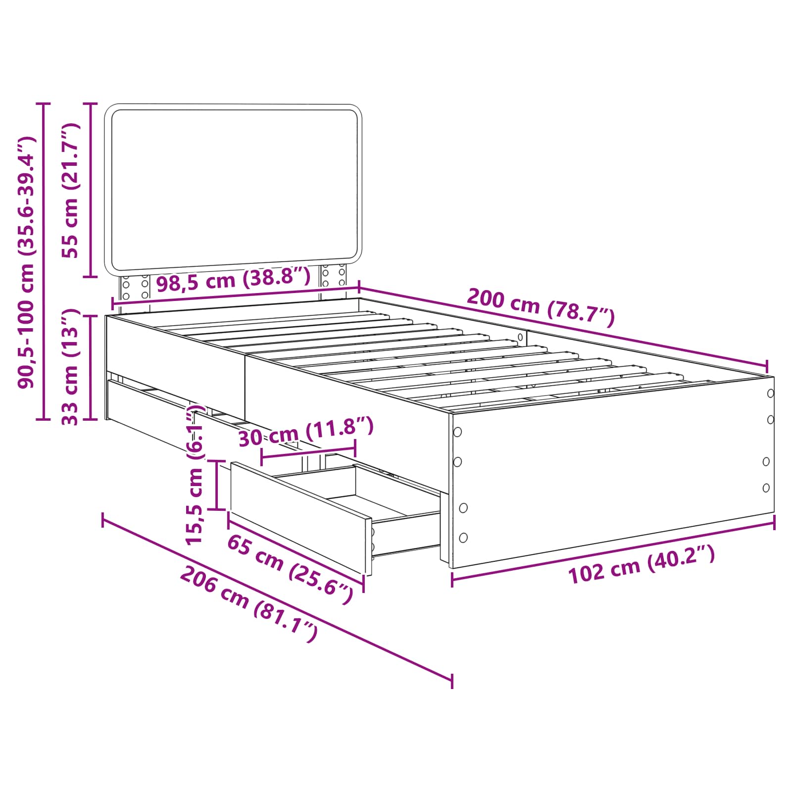 Krevetna konstrukcija Crna 100 x 200 cm Inženjersko Drvo