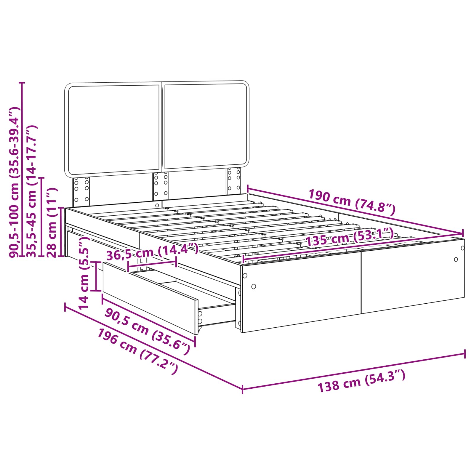 Krevet s od storage Sonoma hrast 135 x 190 cm Konstruirano drvo