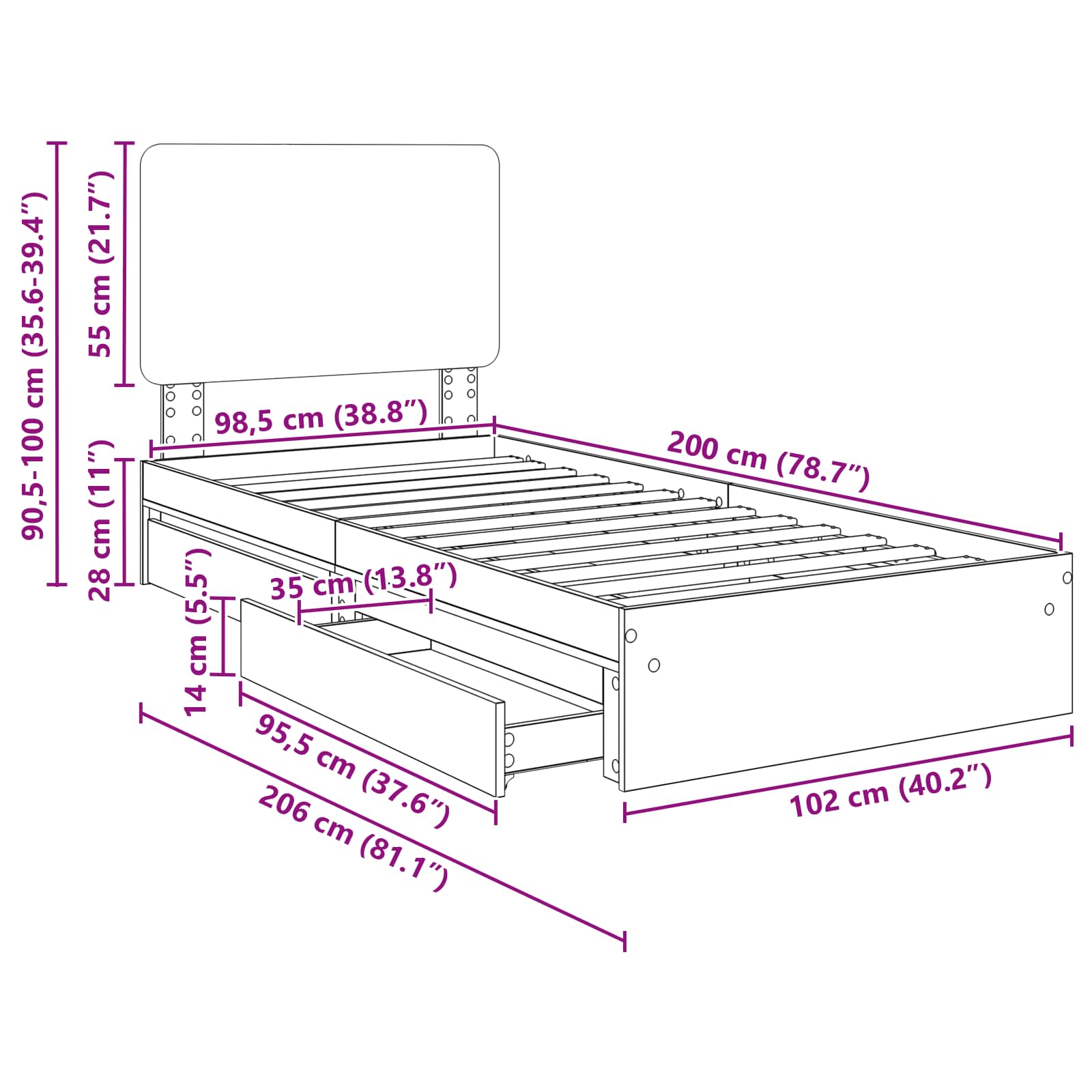 Krevet s od storage s uzglavljem Betonski sivi 100 x 200 cm