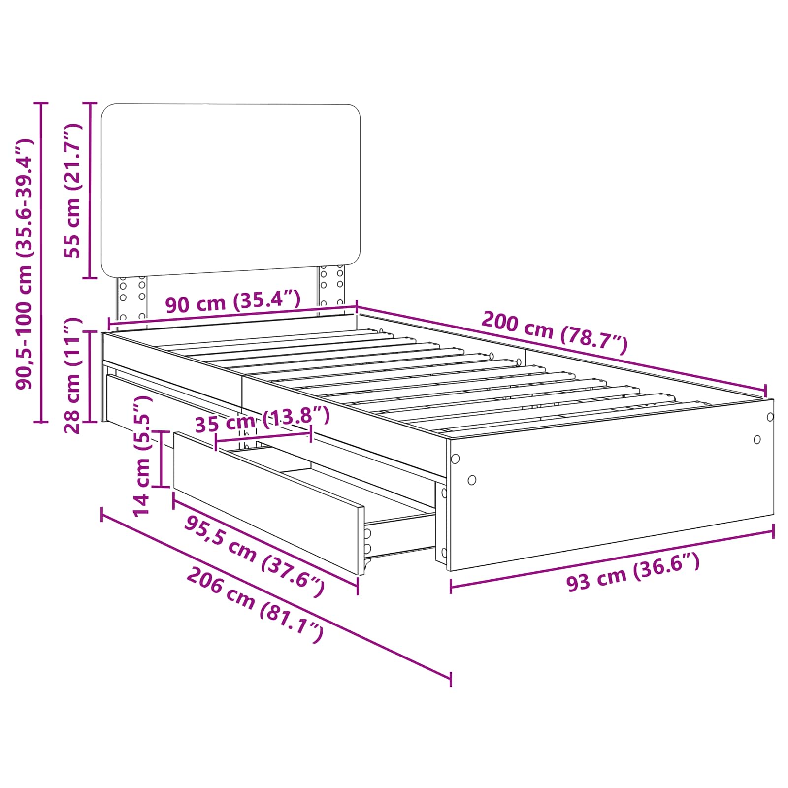 Krevet s od storage Bijelo 90 x 200 cm Konstruirano drvo