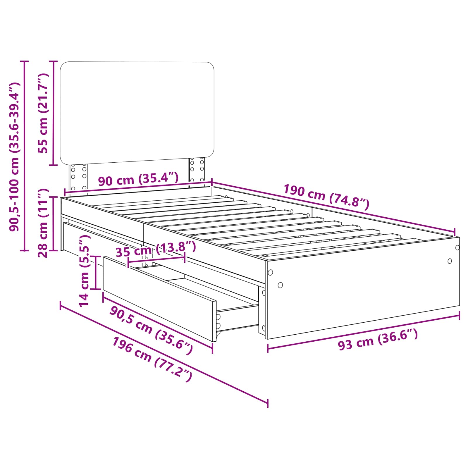 Krevet s od storage Sonoma hrast 90 x 190 cm Konstruirano drvo