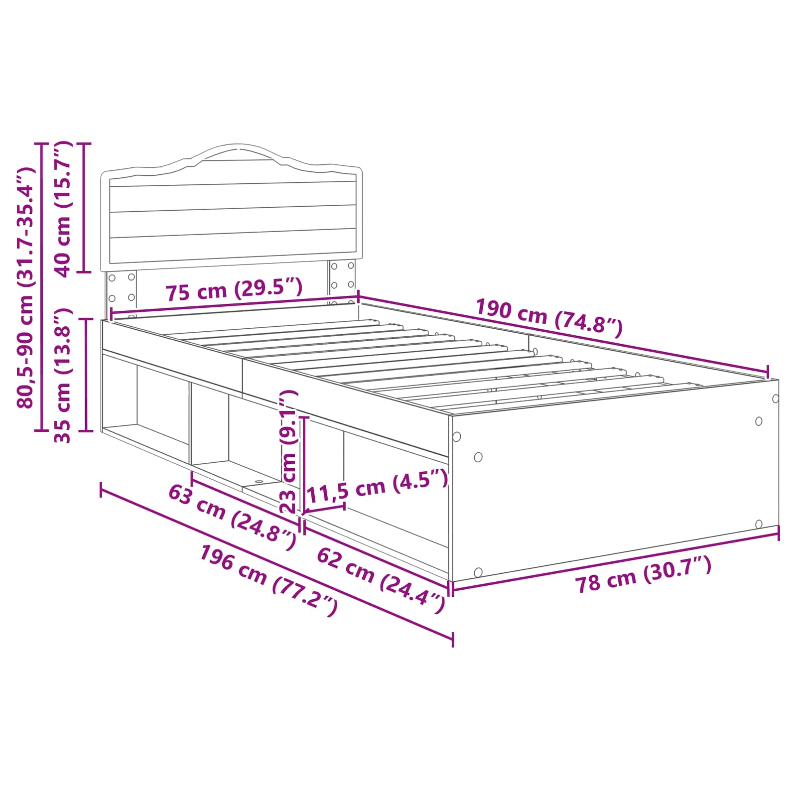 Krevetna konstrukcija s uzglavljem Dimljeni hrast 75 x 190 cm