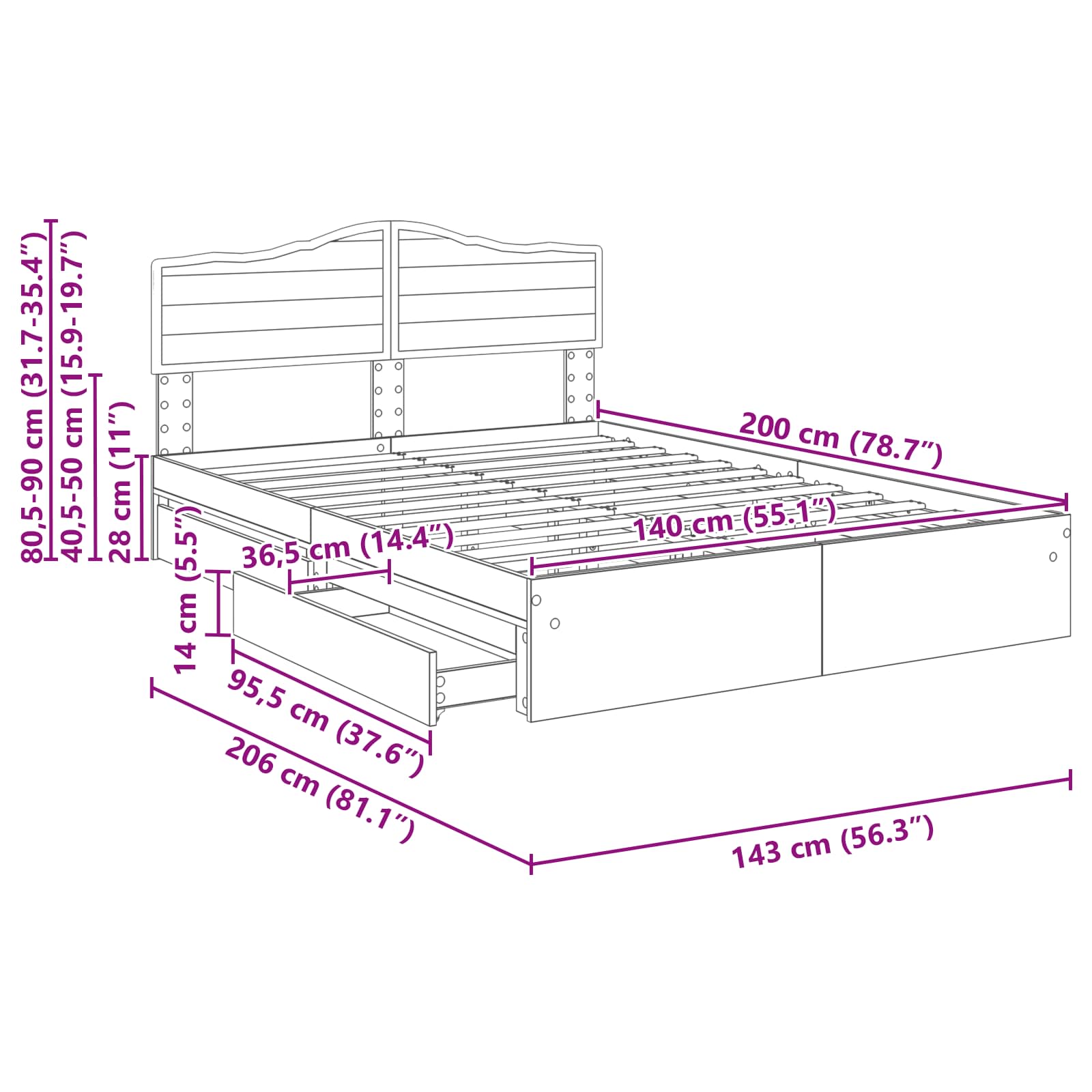 Krevet s od storage Sonoma hrast 140 x 200 cm Konstruirano drvo