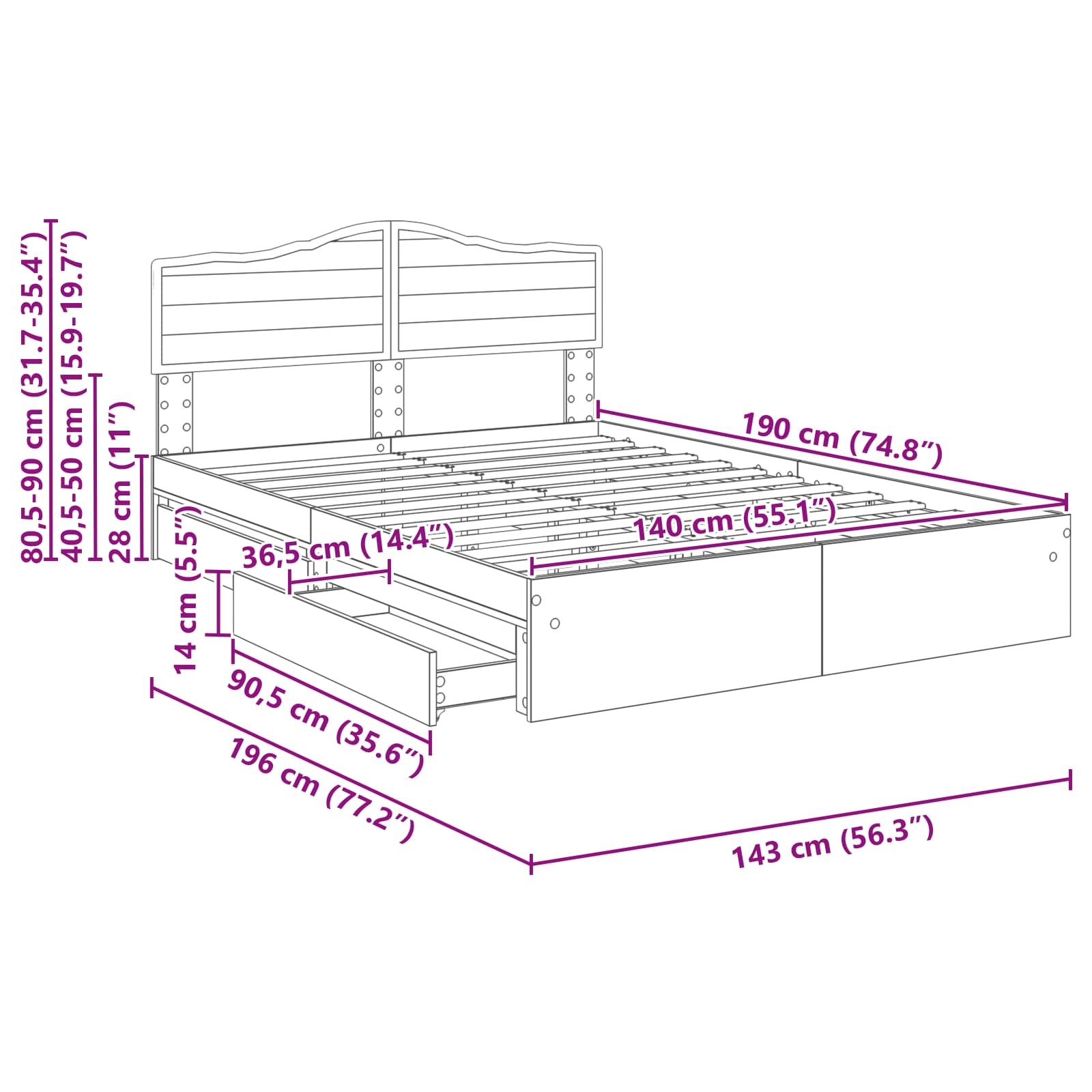 Krevet s od storage Sonoma hrast 140 x 190 cm Konstruirano drvo