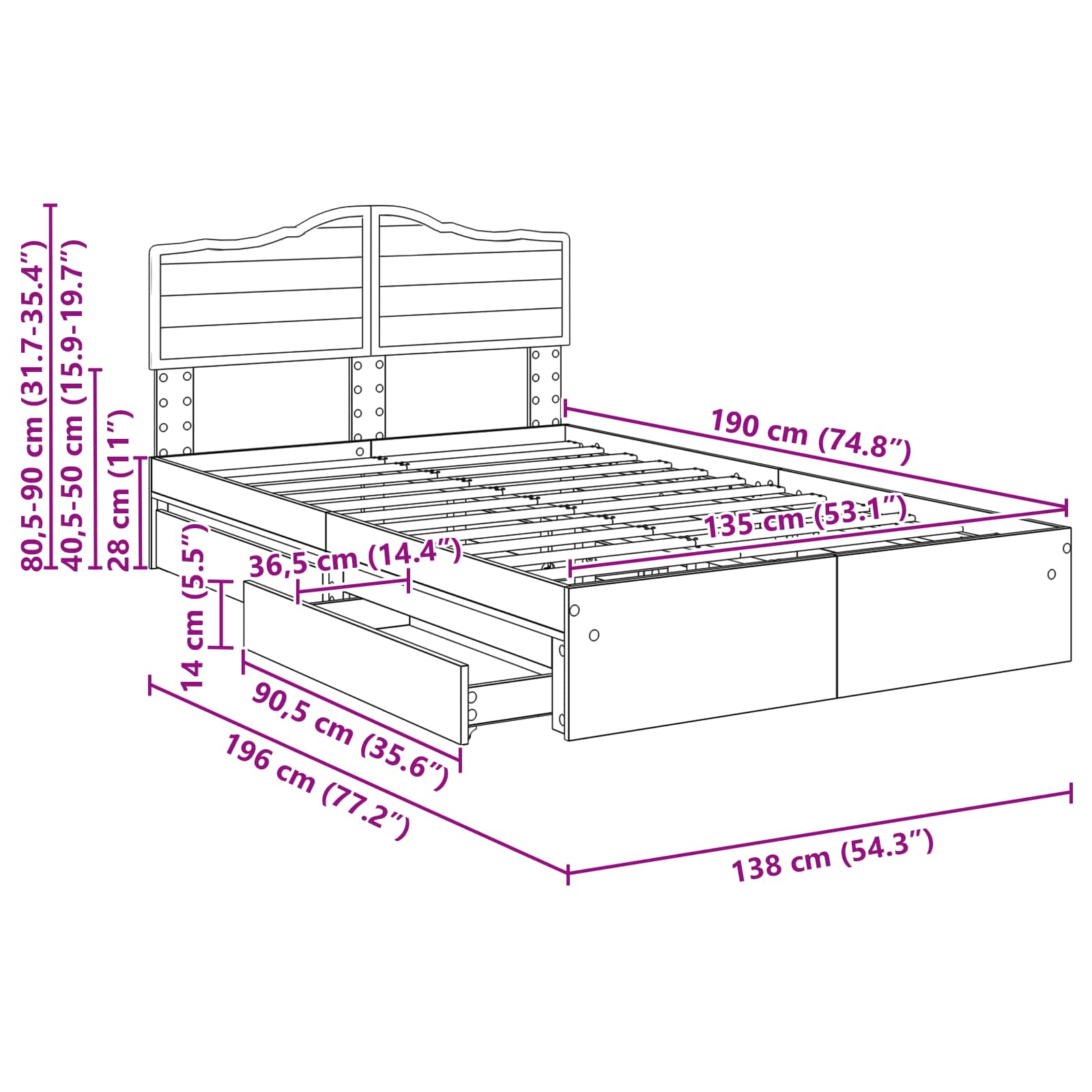 Krevet s od storage s uzglavljem Dimljeni hrast 135 x 190 cm
