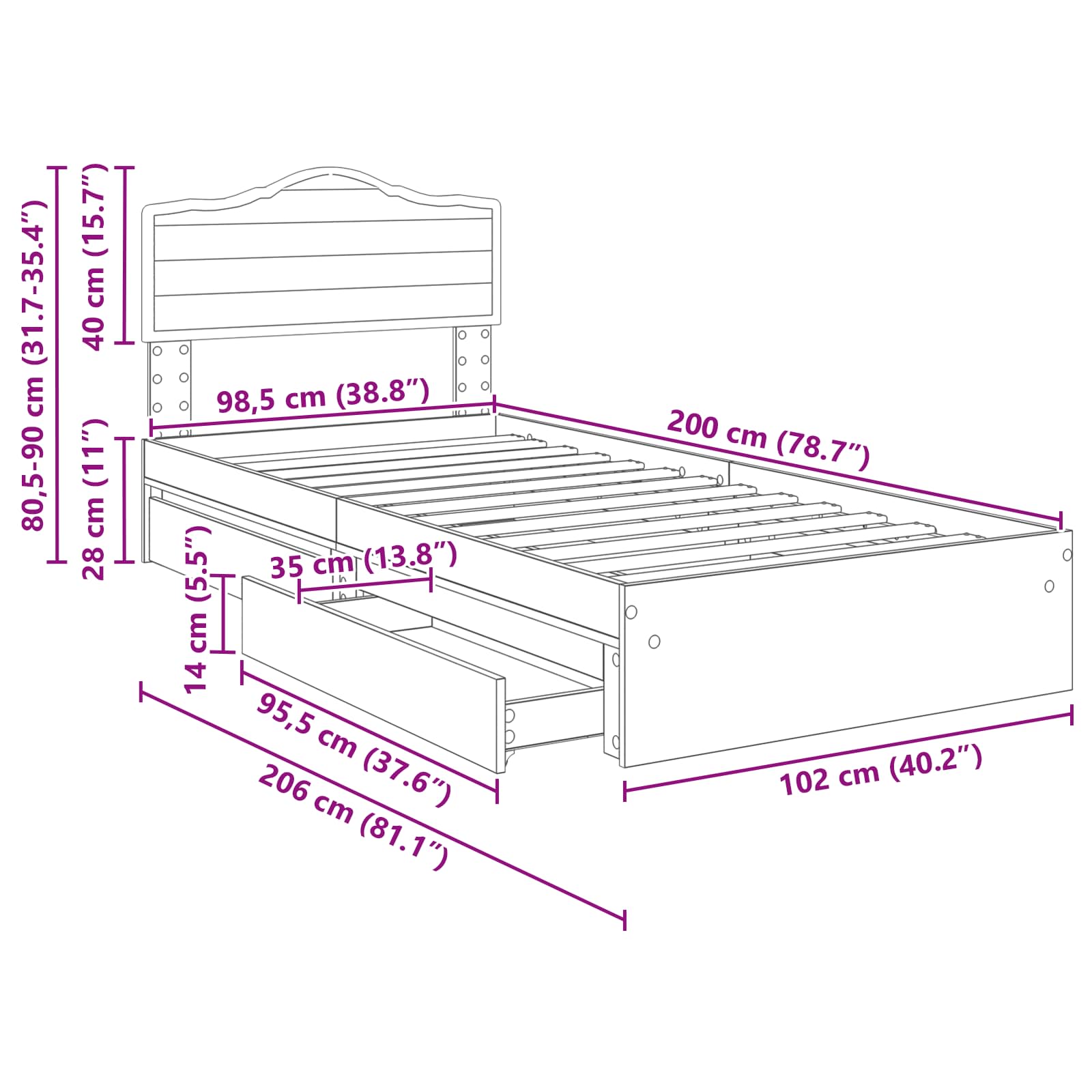 Krevet s od storage Siva Sonoma 100 x 200 cm Konstruirano drvo