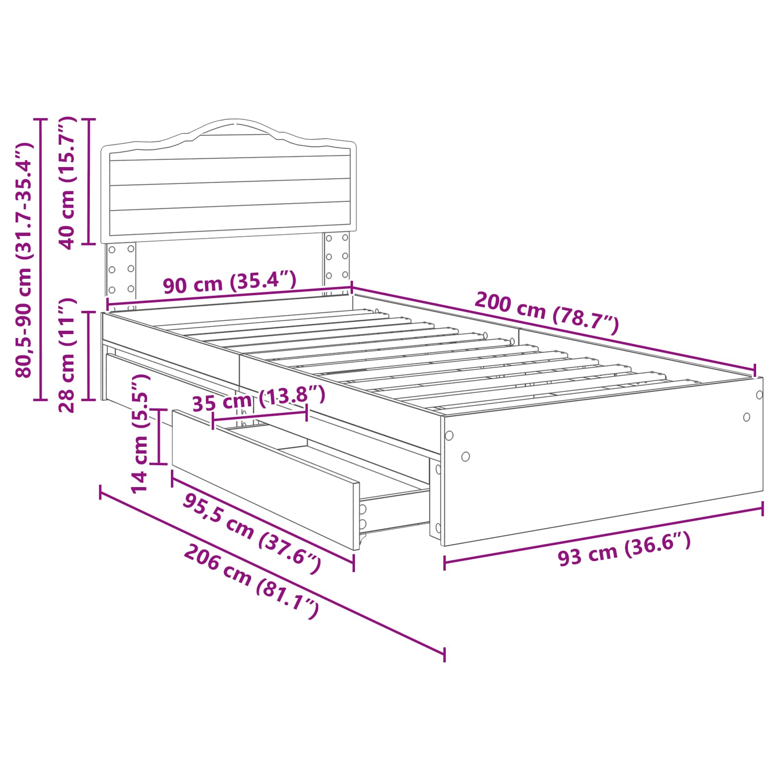 Krevet s od storage Bijelo 90 x 200 cm Konstruirano drvo