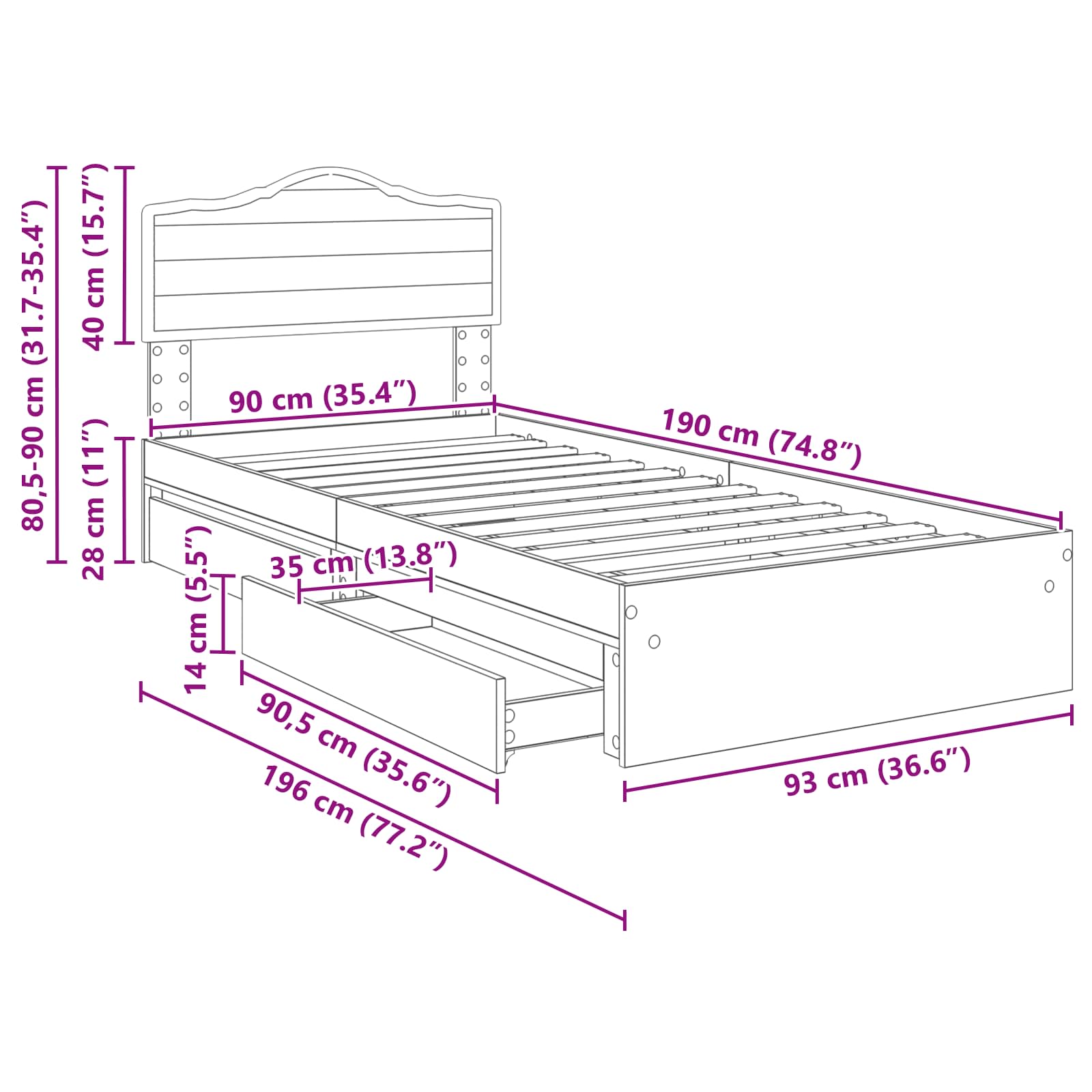 Krevet s od storage Siva Sonoma 90 x 190 cm Konstruirano drvo