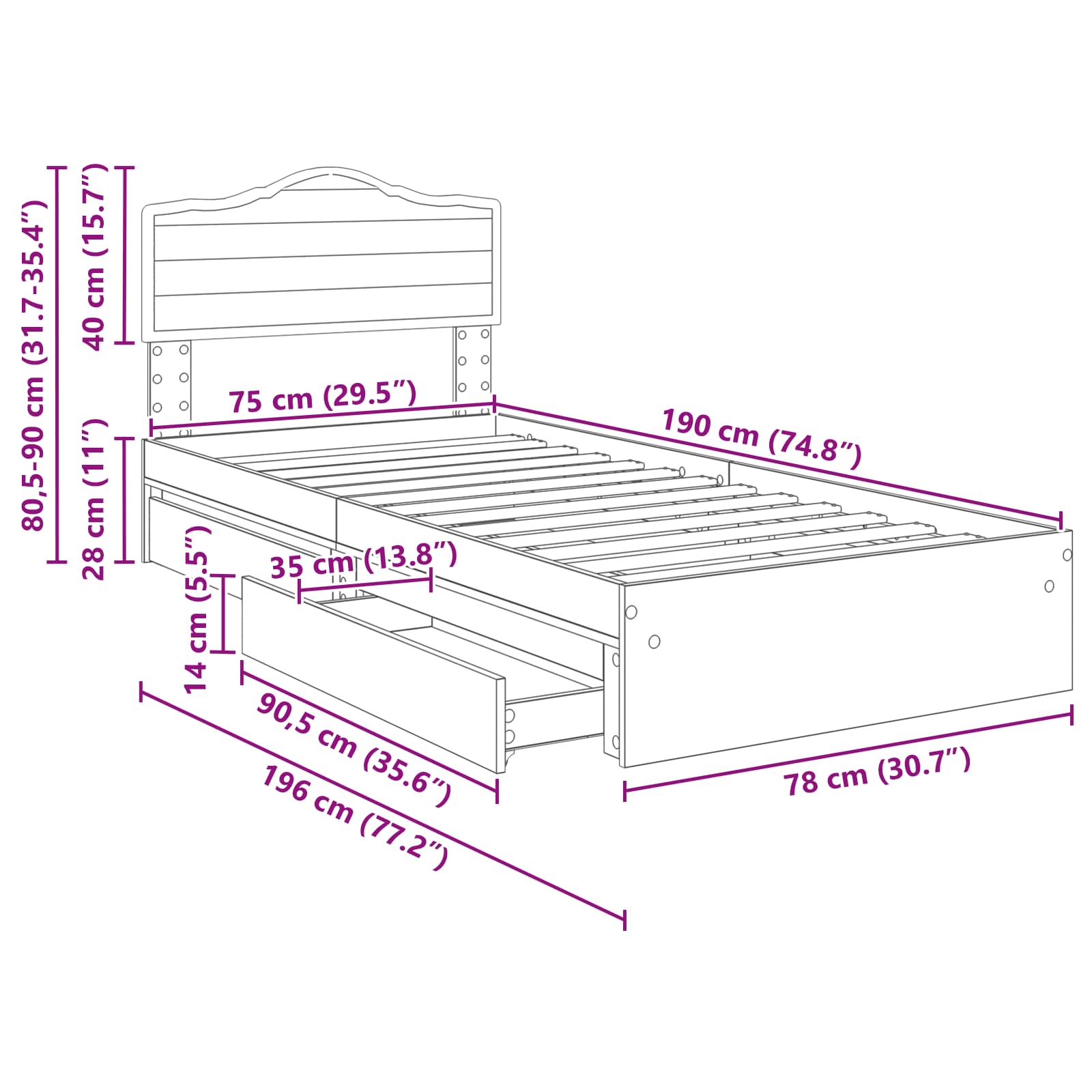 Krevet s od storage Crna 70 x 190 cm Konstruirano drvo