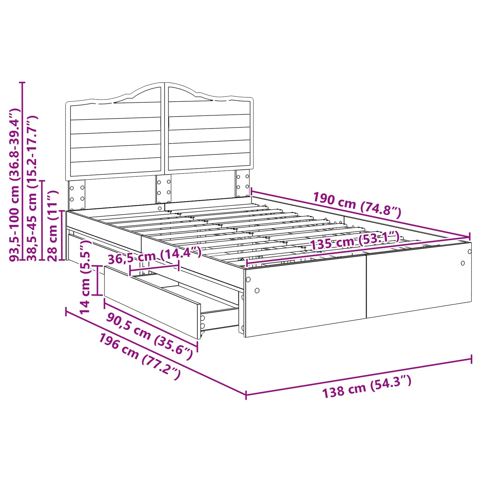 Krevet s od storage s uzglavljem Dimljeni hrast 135 x 190 cm
