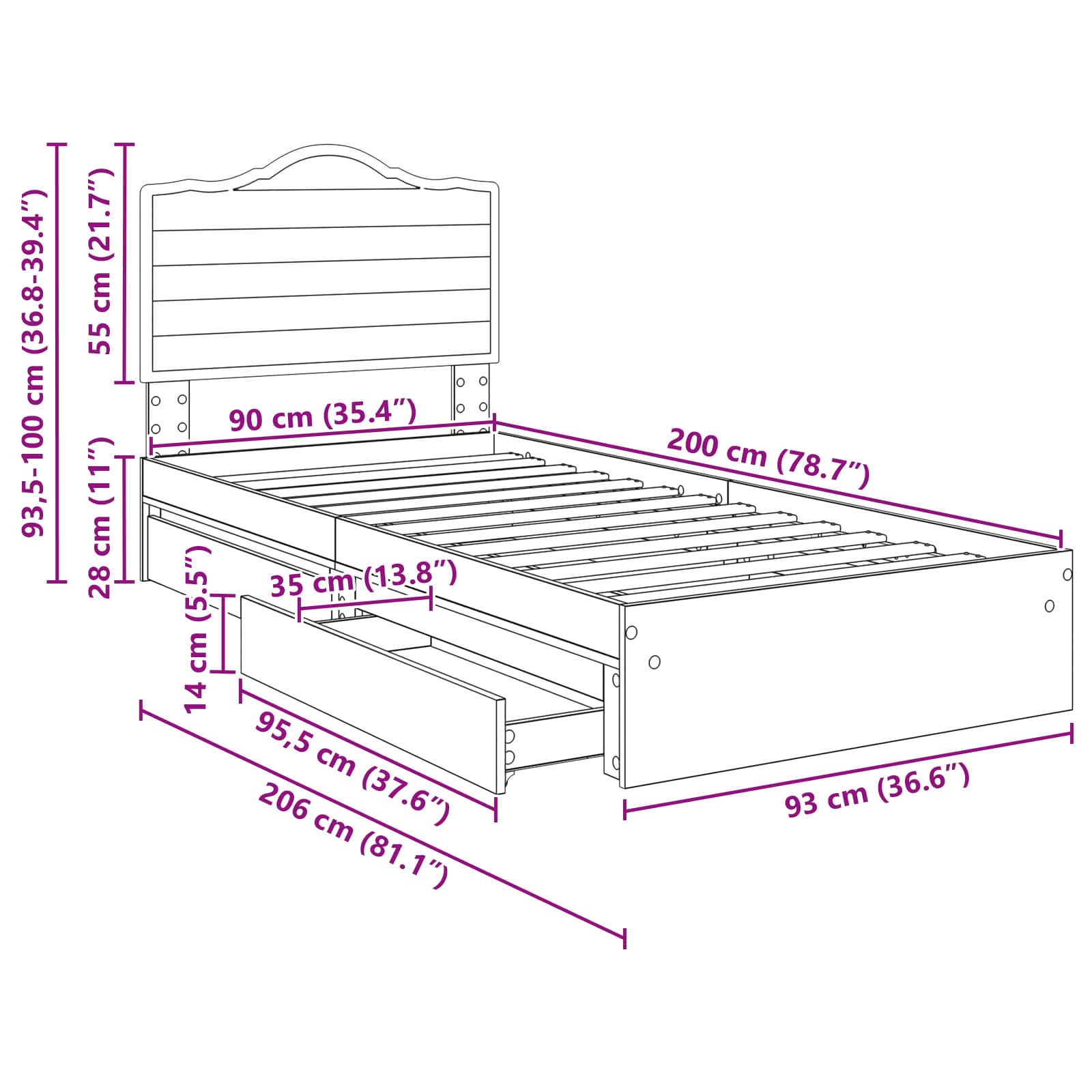 Krevet s od storage Bijelo 90 x 200 cm Konstruirano drvo