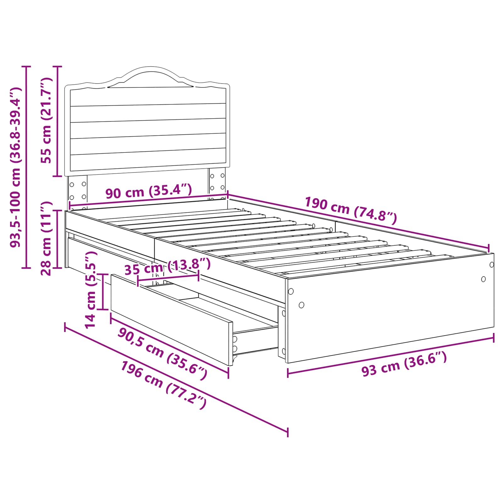 Krevet s od storage Sonoma hrast 90 x 190 cm Konstruirano drvo