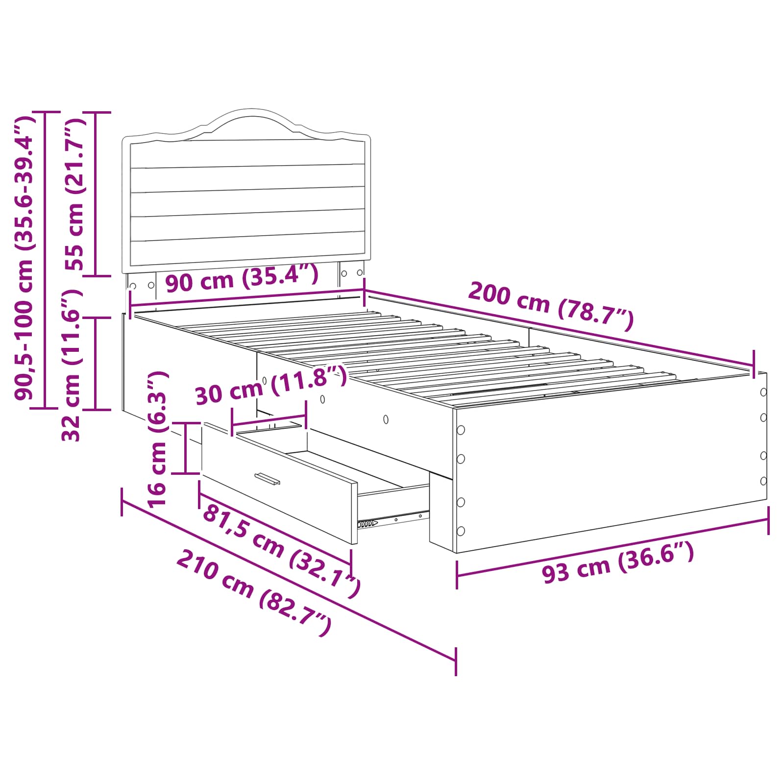 Krevetna konstrukcija s ladicama Sonoma hrast 90 x 200 cm