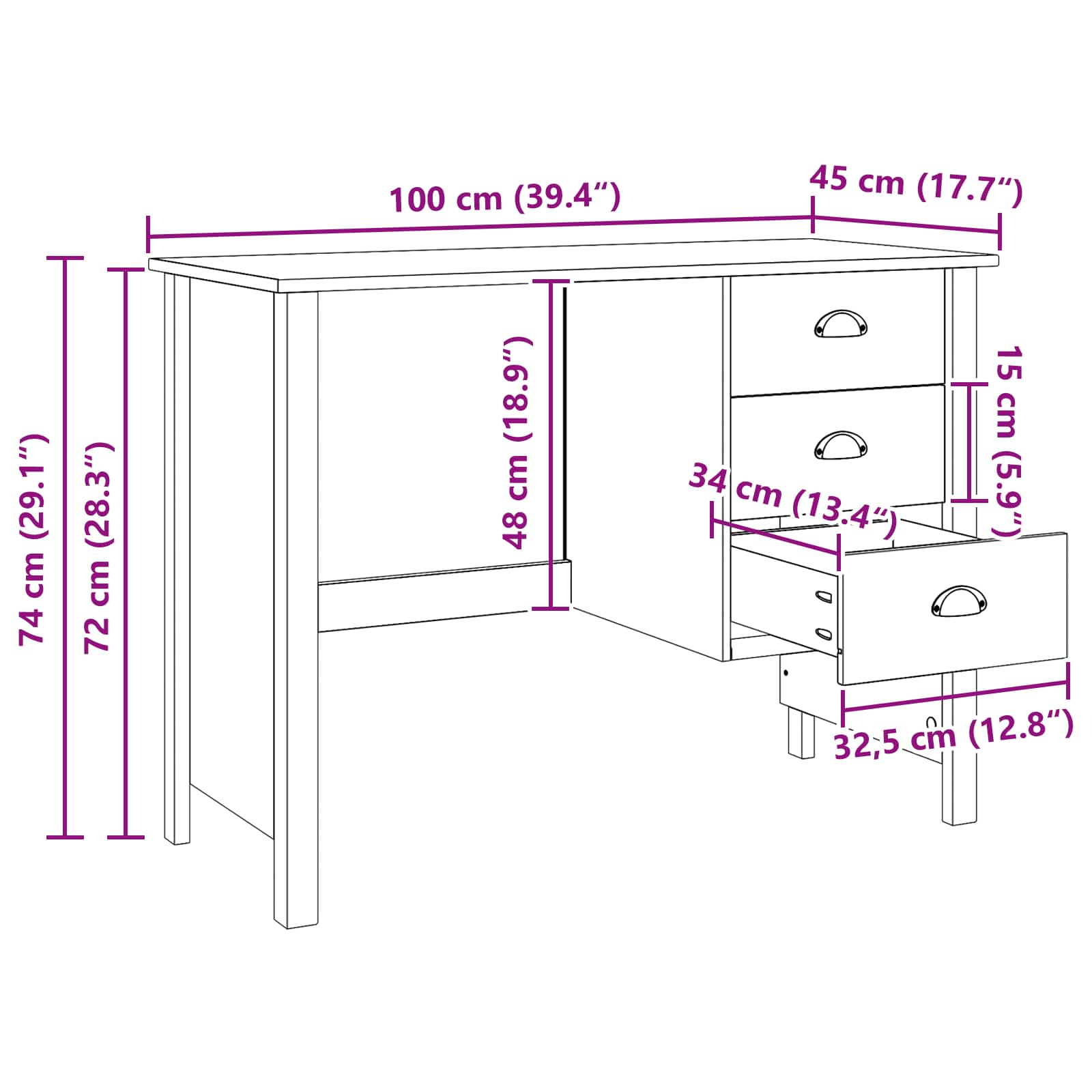 Stol s ladicama HILL Bijelo 100 x 45 x 74 cm Masivna borovina