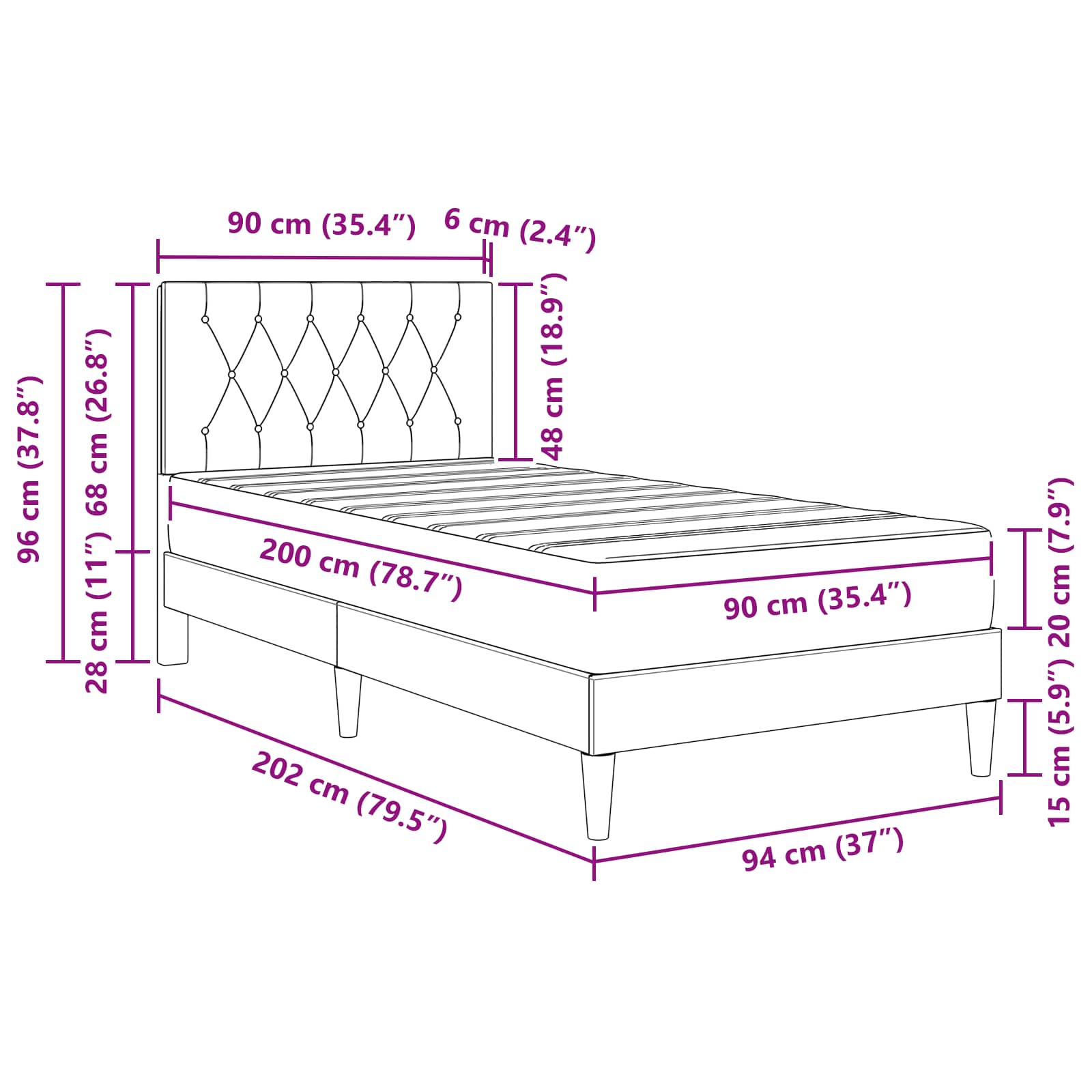 Okvir kreveta s madracem Svijetlo siva 90 x 200 cm Baršun