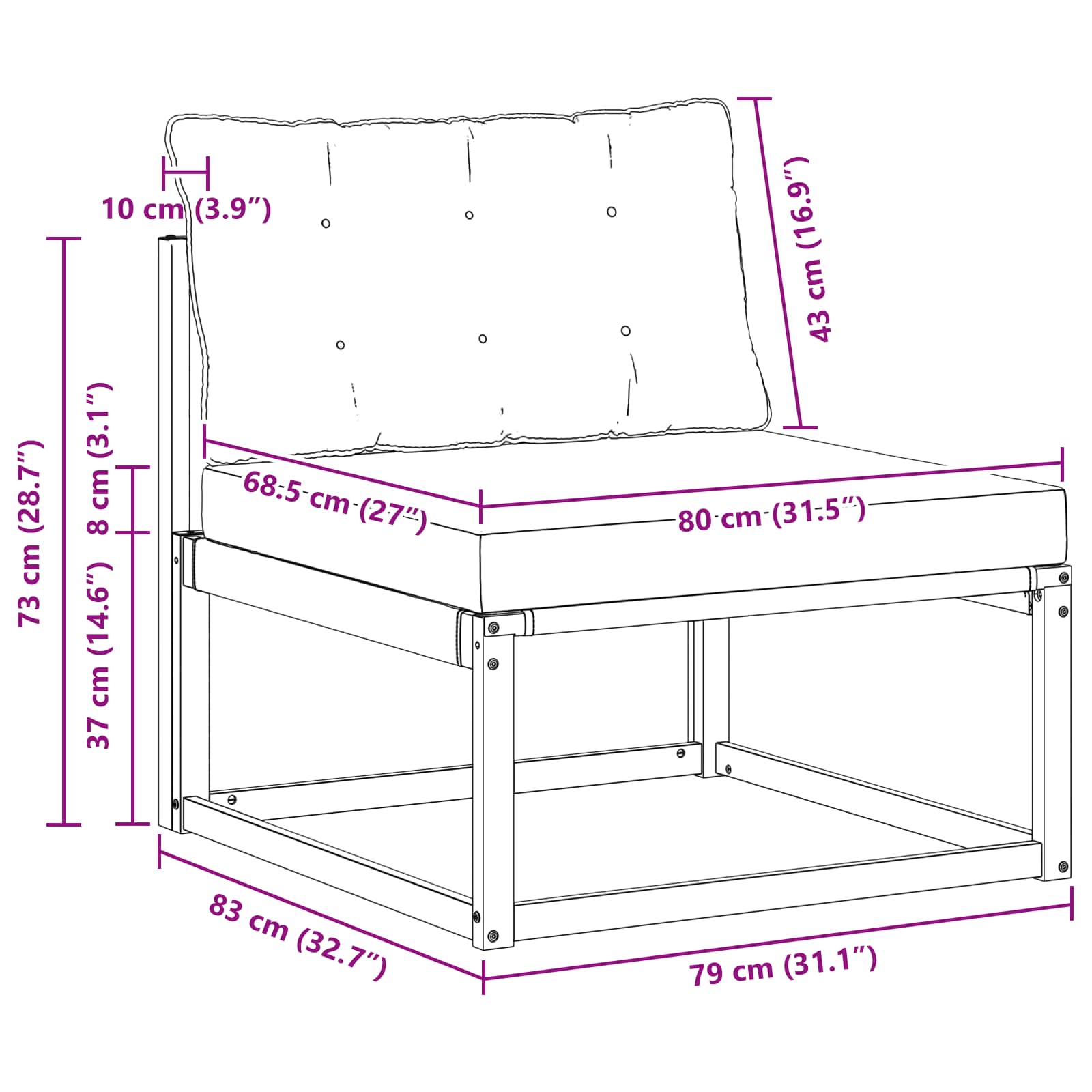Srednja sofa za van s jastukom Bijela 79 x 83 x 73 cm čelik