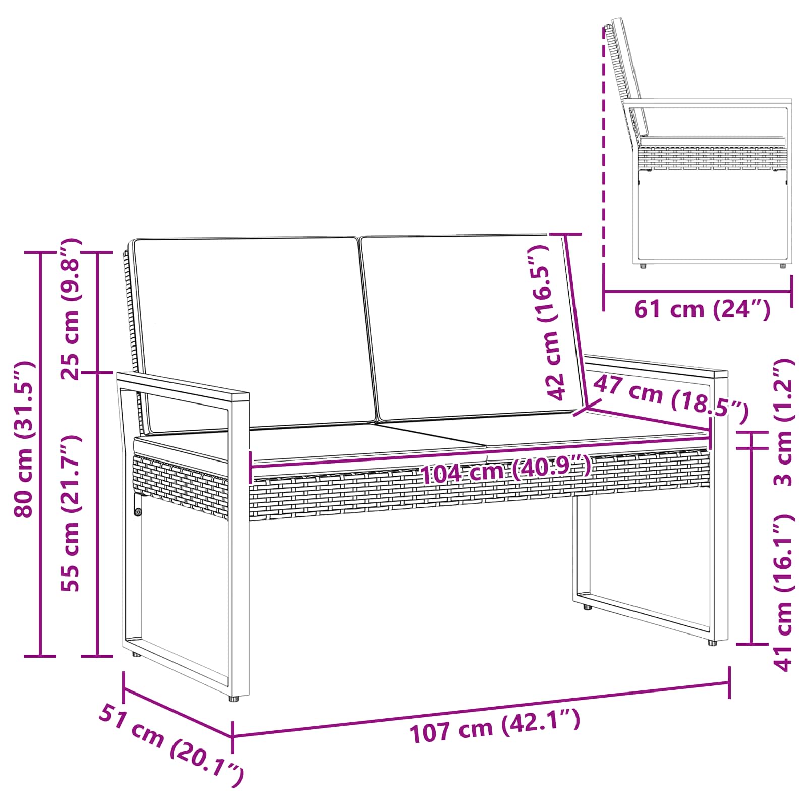 Vanjska klupa s jastukom Crna 107 x 61 x 80 cm poliratan