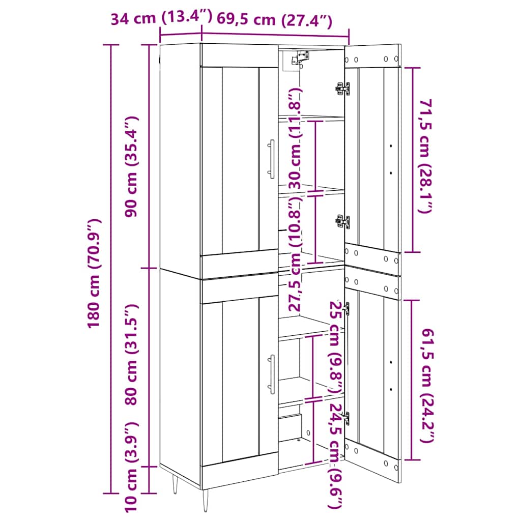 Highboard Staro drvo 69,5 x 34 x 180 cm Konstruirano drvo