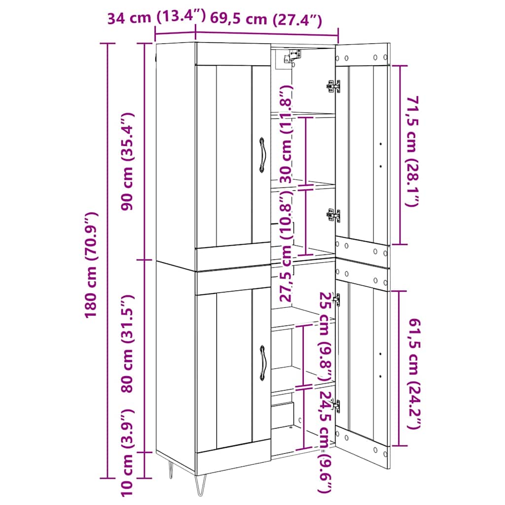 Highboard Staro drvo 69,5 x 34 x 180 cm Konstruirano drvo