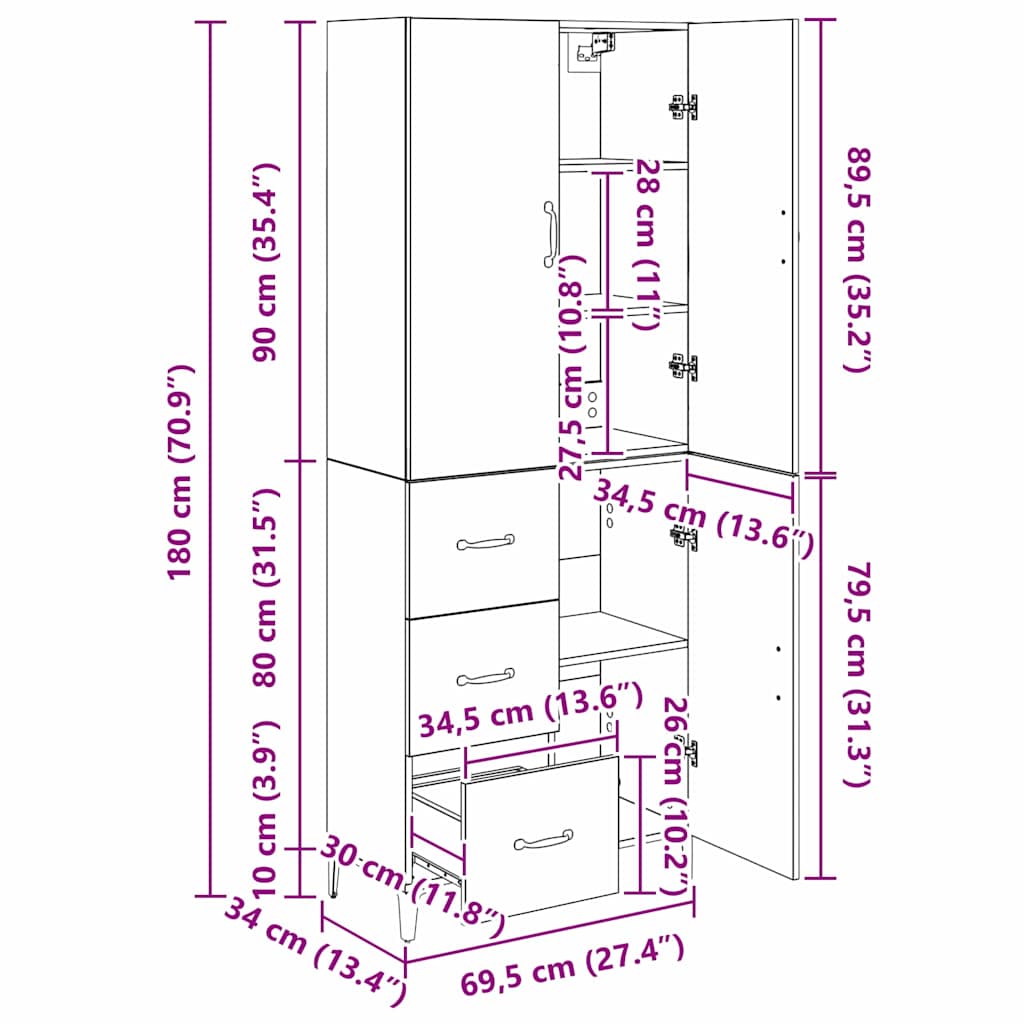 Highboard Zidne Staro drvo 69,5 x 34 x 180 cm Konstruirano drvo