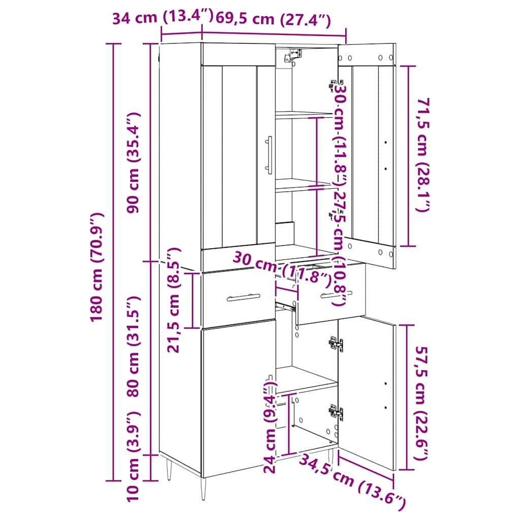 Highboard Staro drvo 69,5 x 34 x 180 cm Konstruirano drvo