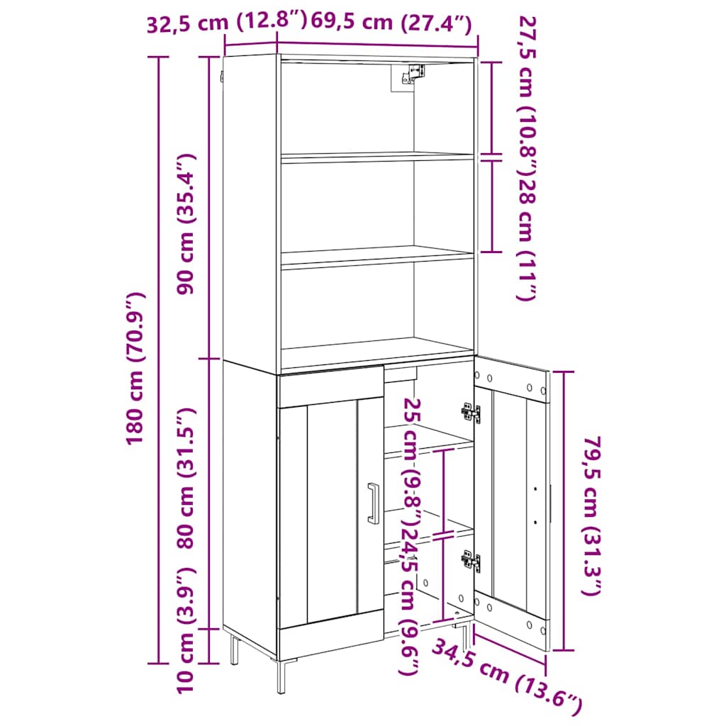 Highboard Staro drvo 69,5 x 34 x 180 cm Konstruirano drvo
