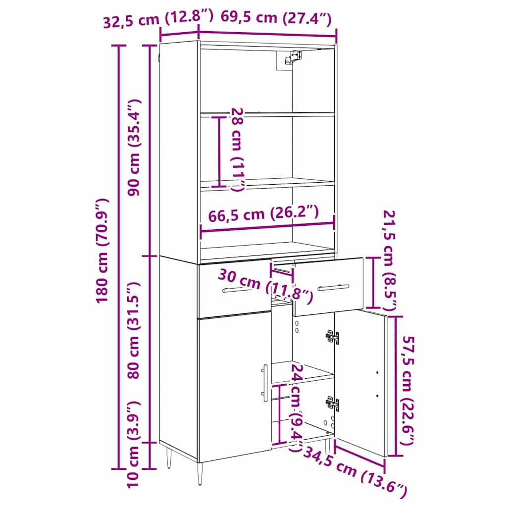 Highboard Staro drvo 69,5 x 34 x 180 cm Konstruirano drvo