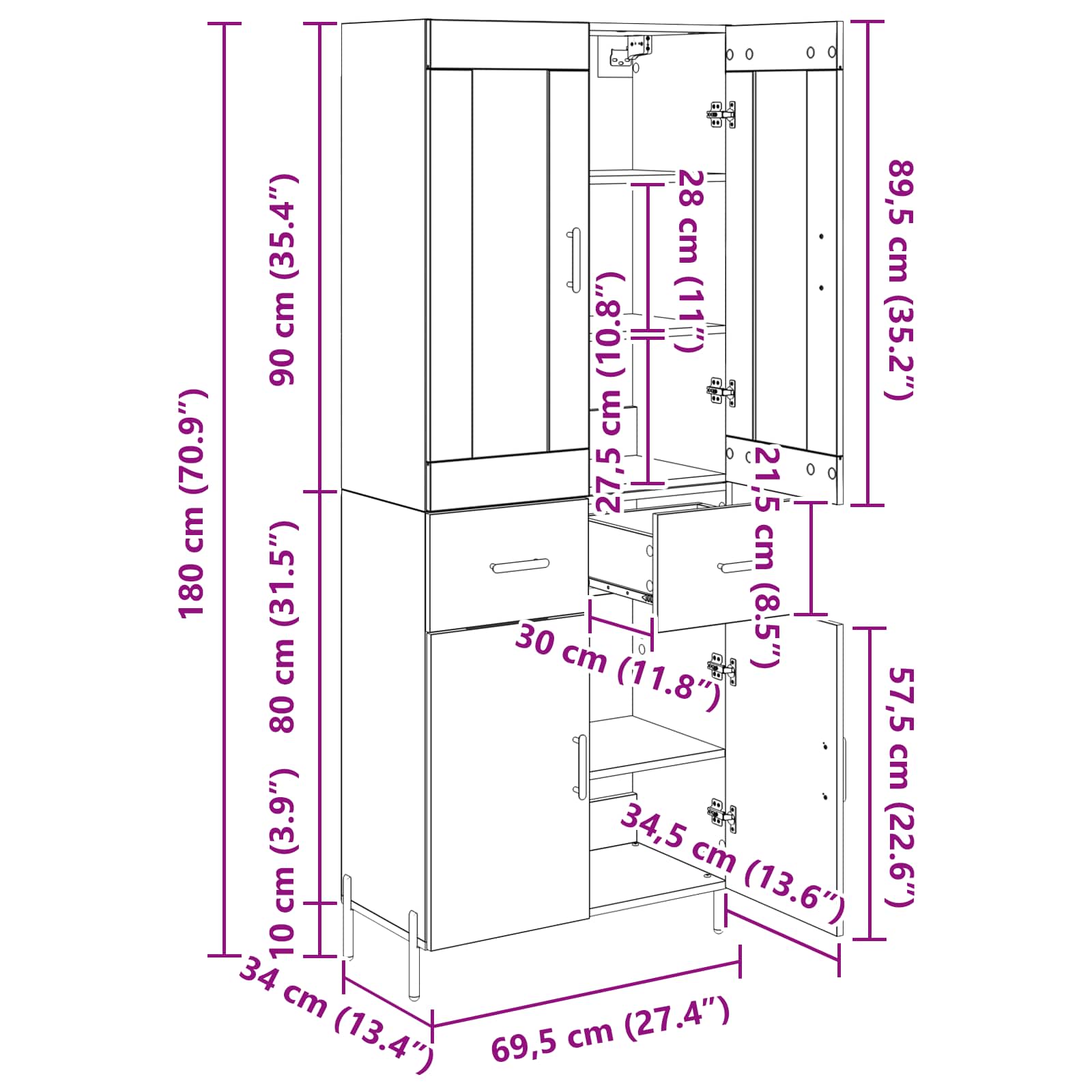 Highboard Zidne Staro drvo 69,5 x 34 x 180 cm Konstruirano drvo