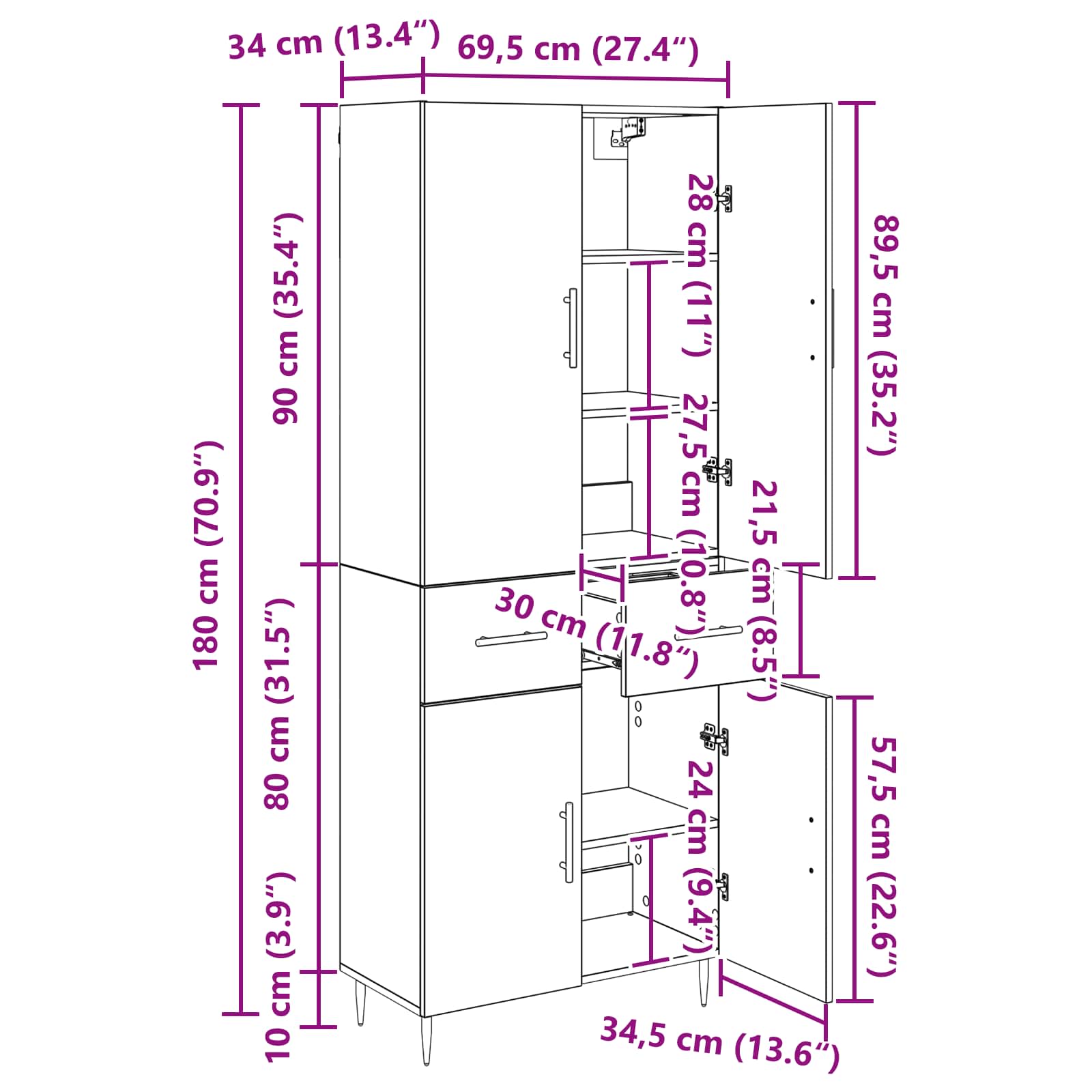 Highboard Zidne Staro drvo 69,5 x 34 x 180 cm Konstruirano drvo