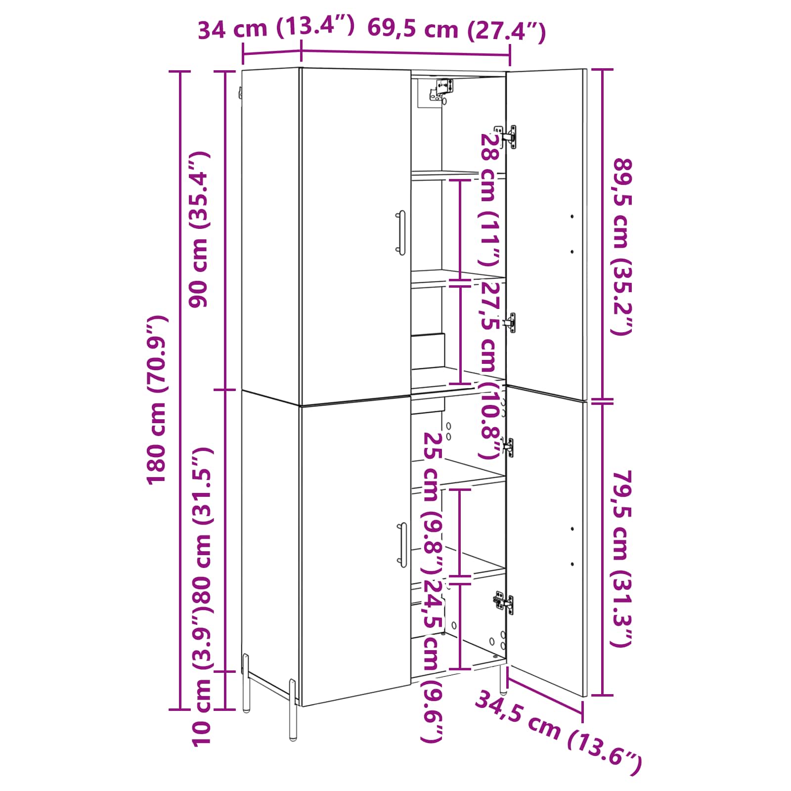 Highboard Zidne Staro drvo 69,5 x 34 x 180 cm Konstruirano drvo