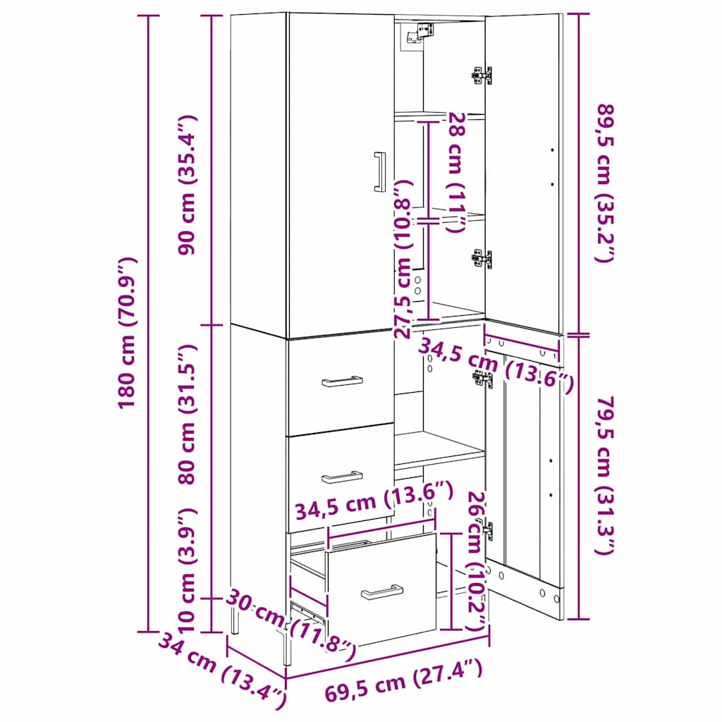 Highboard Zidne Staro drvo 69,5 x 34 x 180 cm Konstruirano drvo