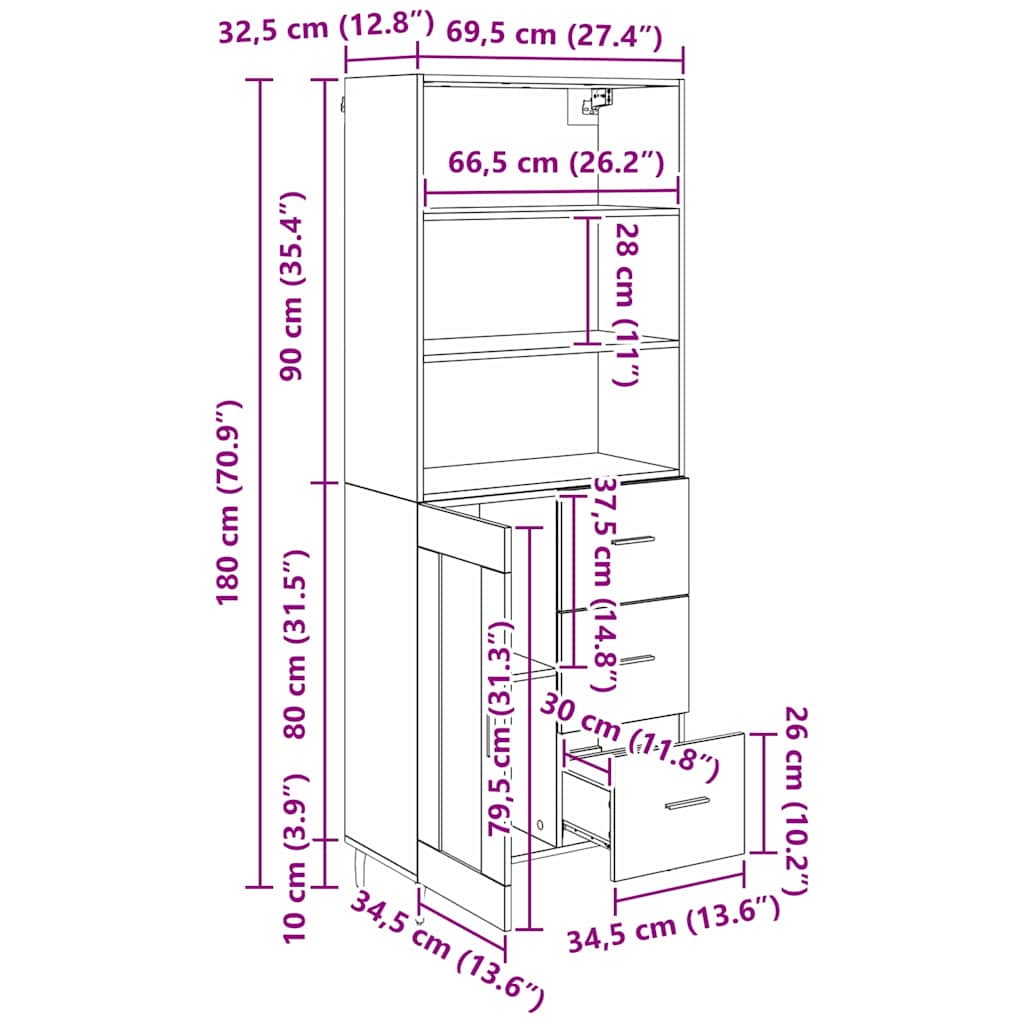 Highboard s ladicama Staro drvo 69,5 x 34 x 180 cm