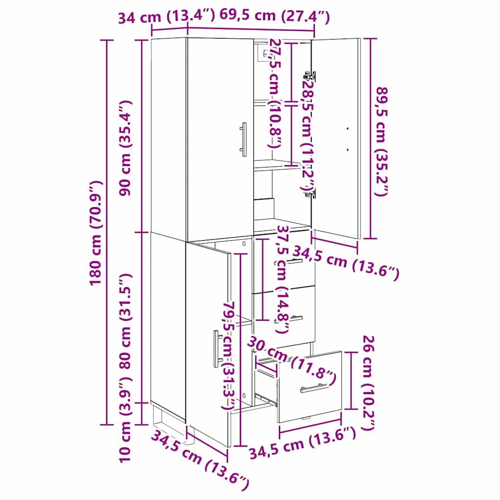 Highboard s ladicama 2 pcs Staro drvo 69,5 x 34 x 180 cm