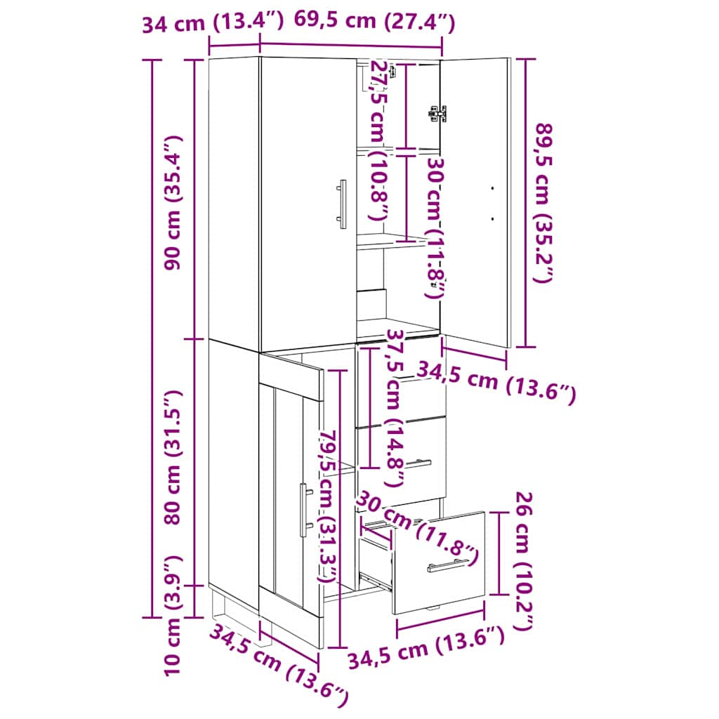 Highboard s ladicama 2 pcs Staro drvo 69,5 x 34 x 180 cm