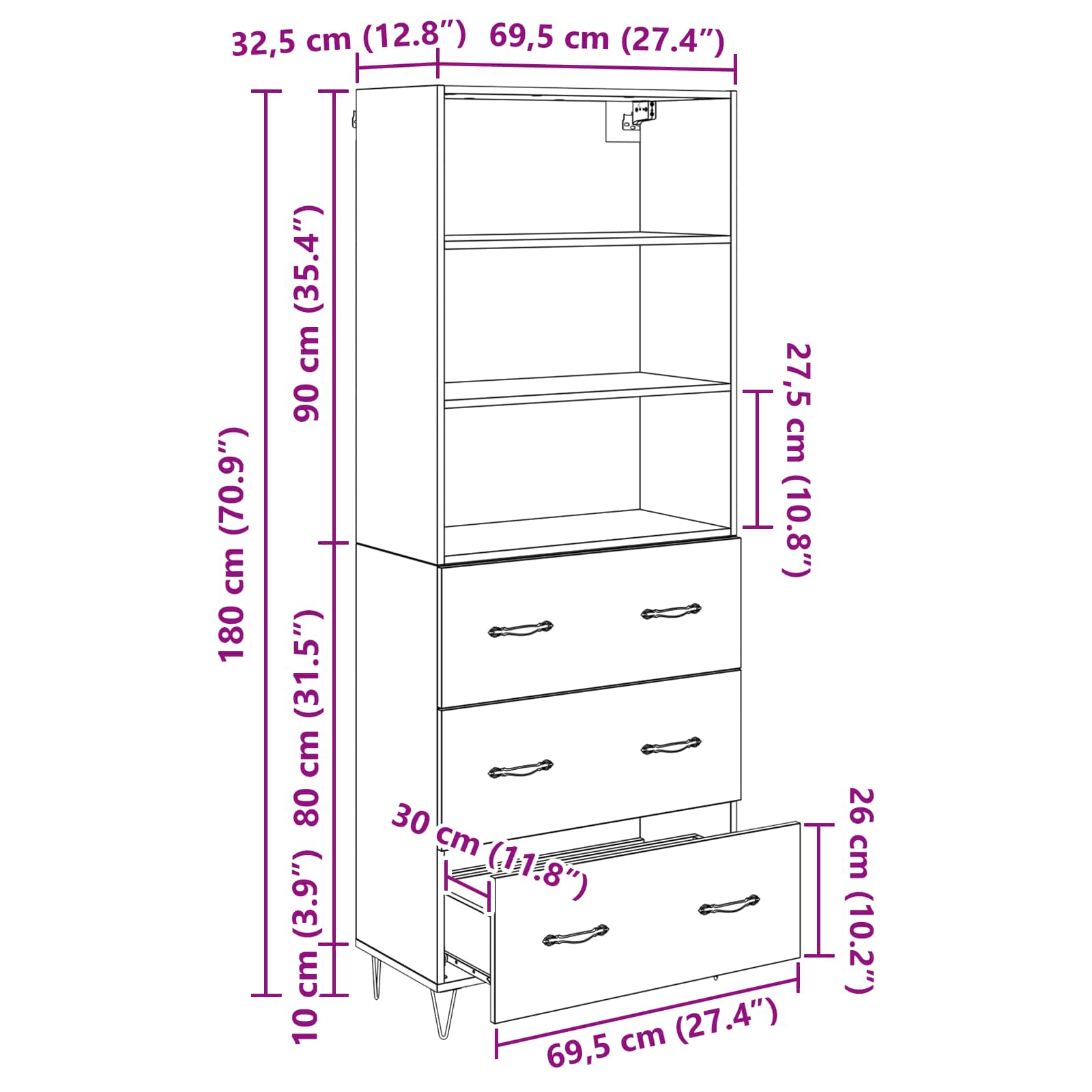 Highboard s ladicama 2 pcs Staro drvo Konstruirano drvo
