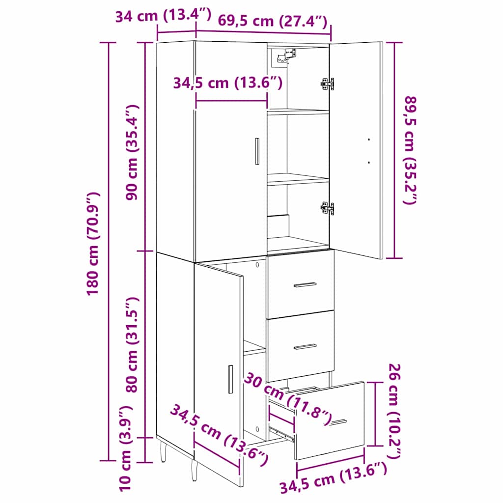 Highboard s ladicama 2 pcs Staro drvo Inženjerska drva i staklo