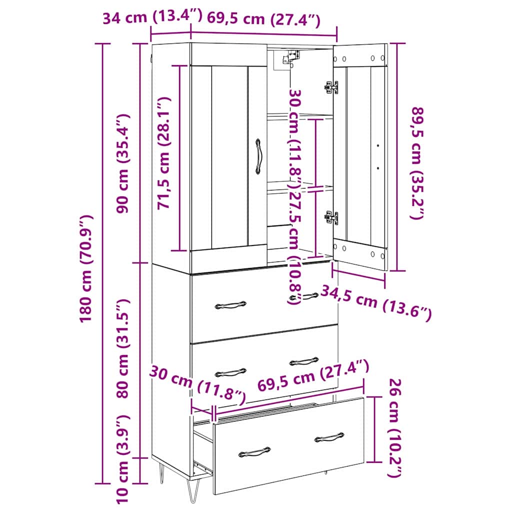 Highboard Umjetnički hrast 69,5 x 34 x 180 cm Konstruirano drvo