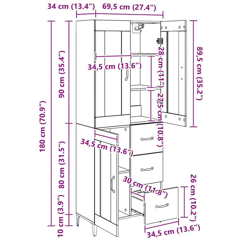 Highboard Umjetnički hrast 69,5 x 34 x 180 cm Konstruirano drvo