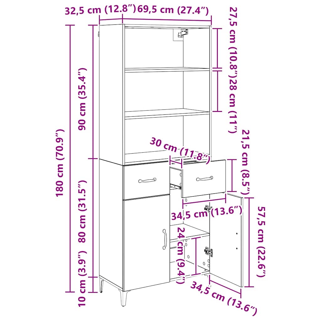 Highboard Umjetnički hrast 69,5 x 34 x 180 cm Konstruirano drvo