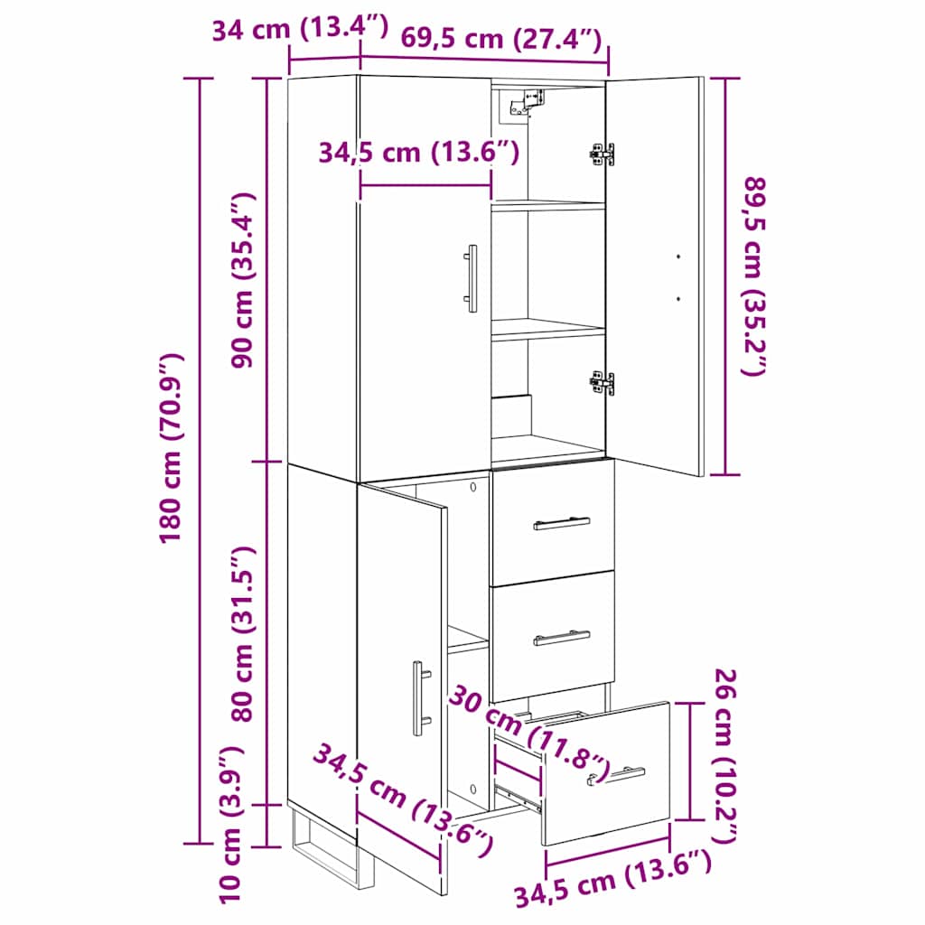 Highboard s ladicama 2 pcs Umjetnički hrast 69,5 x 34 x 180 cm