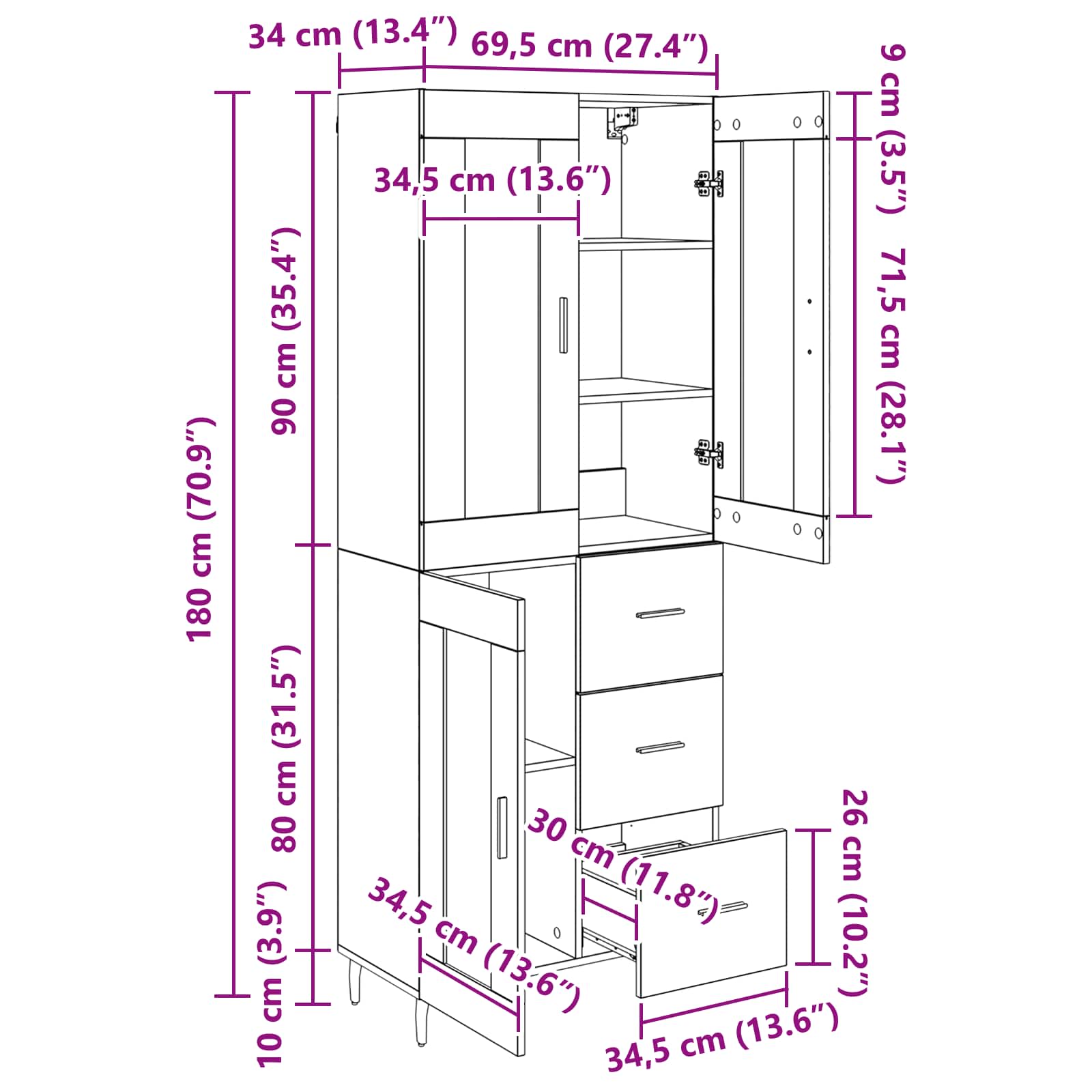 Highboard 2 pcs Umjetnički hrast 69,5 x 34 x 180 cm