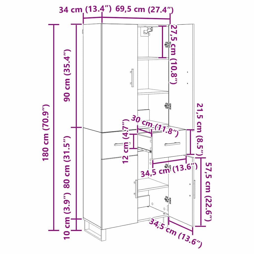 Highboard s ladicama 2 pcs Umjetnički hrast 69,5 x 34 x 180 cm