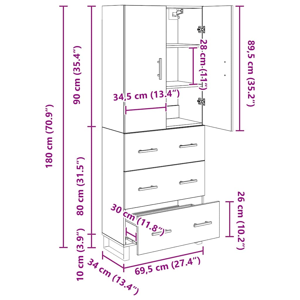 Highboard s ladicama 2 pcs Umjetnički hrast 69,5 x 34 x 180 cm