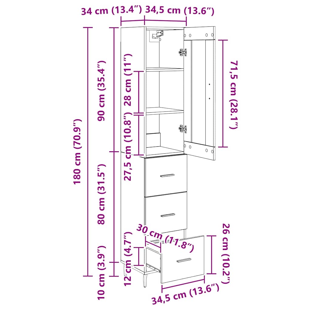 Highboard Umjetnički hrast 34,5 x 34 x 180 cm Konstruirano drvo