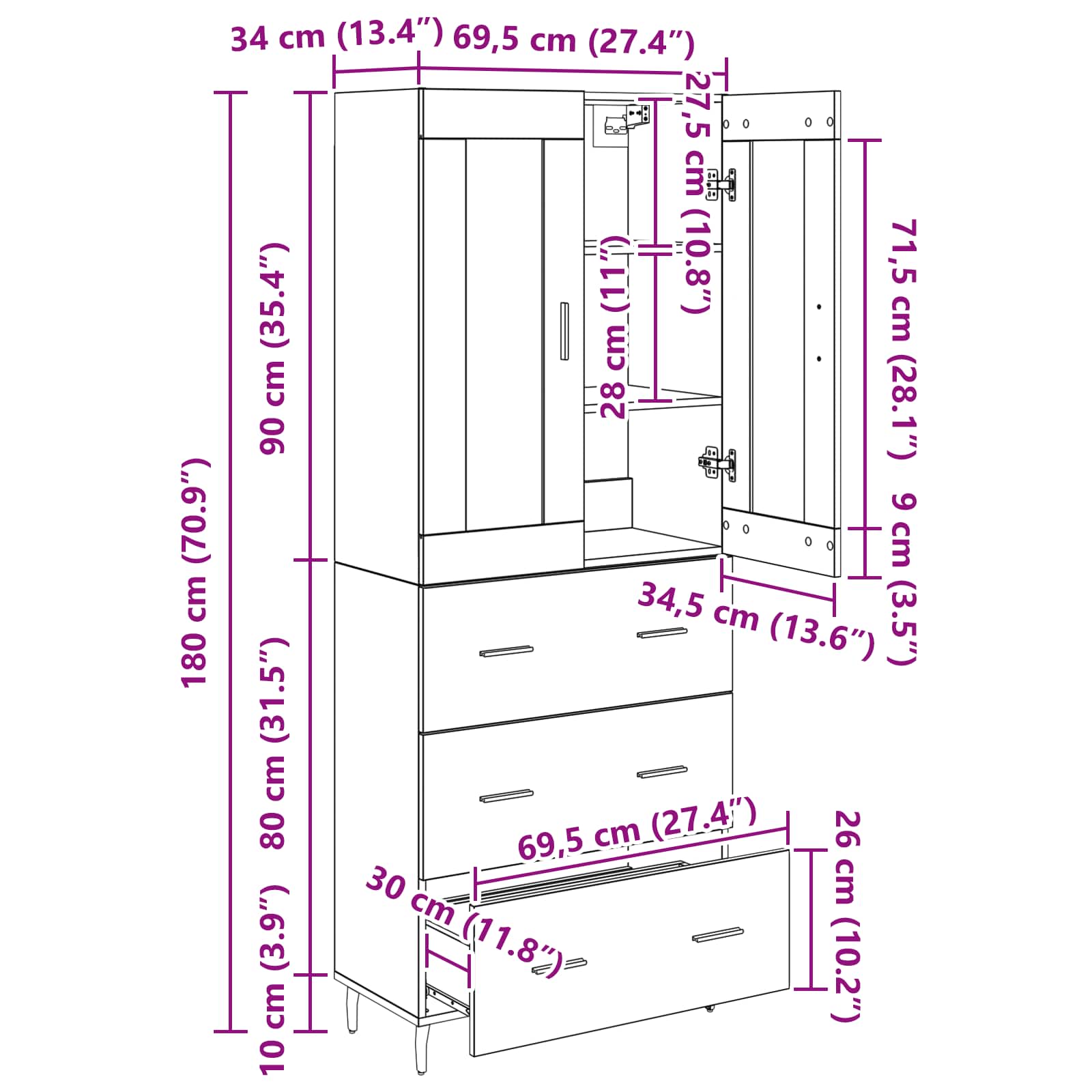 Highboard s ladicama 2 pcs Umjetnički hrast Konstruirano drvo