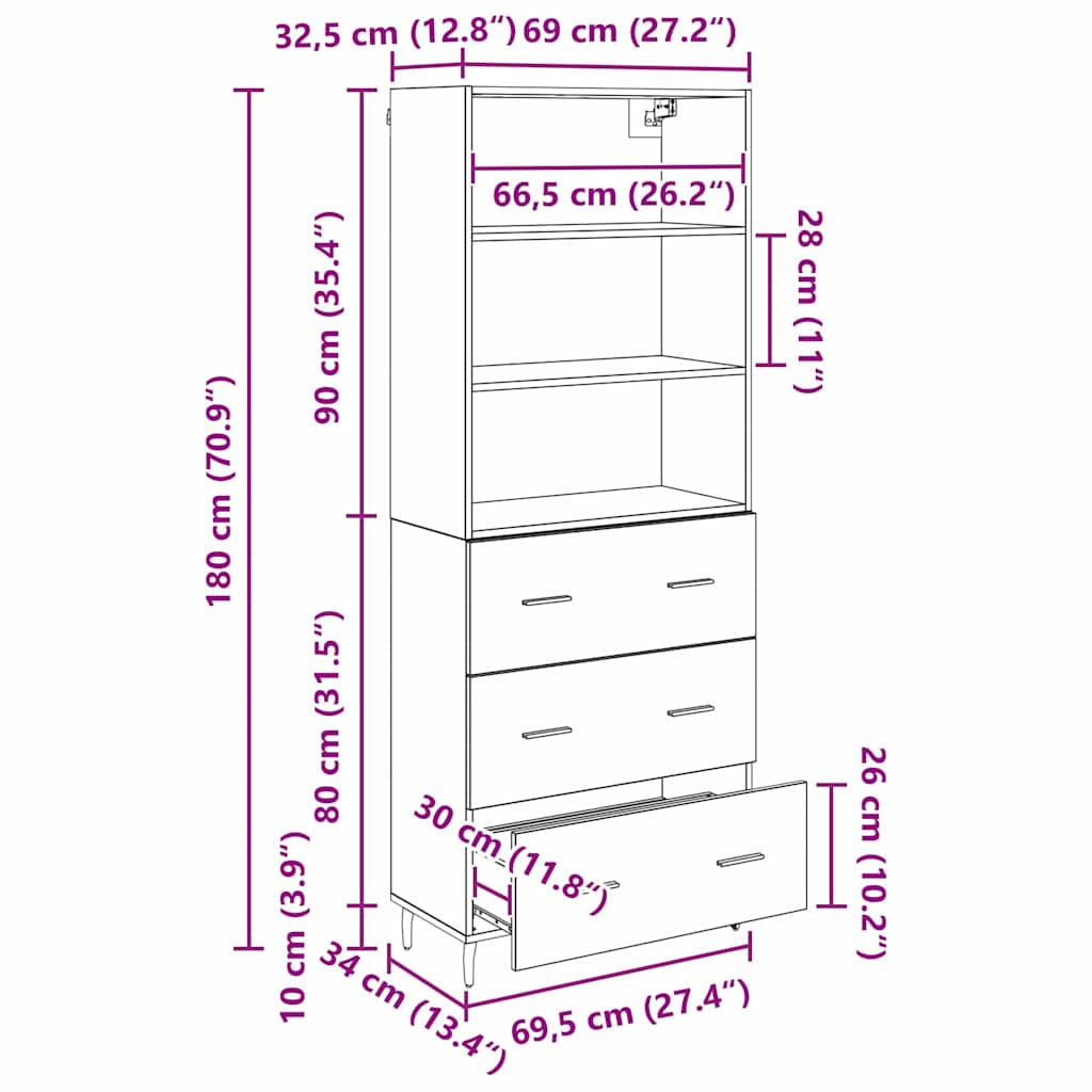 Highboard s ladicama Crni hrast 69,5 x 34 x 180 cm