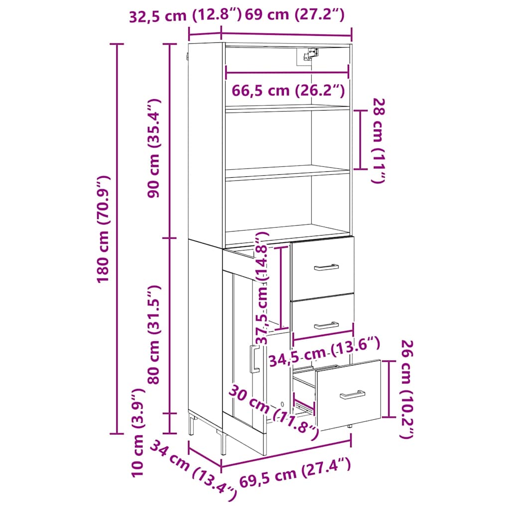 Highboard Crni hrast 69,5 x 34 x 180 cm Konstruirano drvo